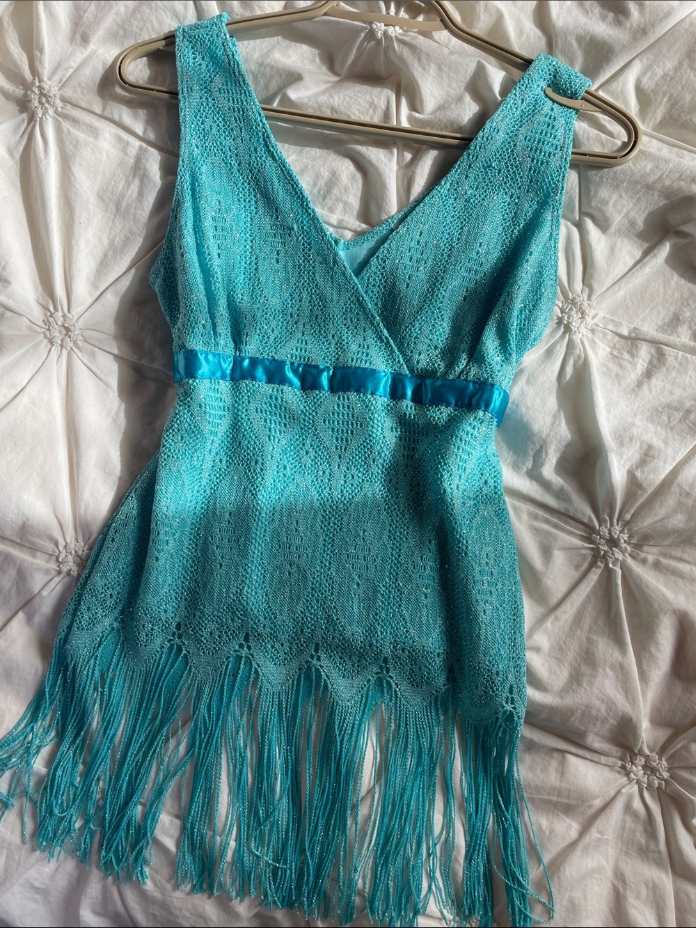 Suzy Shier Teal Crochet Fringe Tank Top
